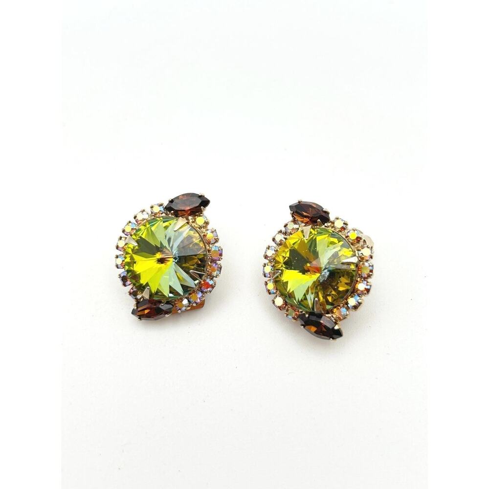 Vintage Chartreuse Rivoli Rhinestone Clip On Earrings Green Peach AB Topaz